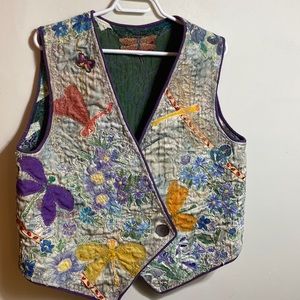Vintage Floral Embroidered Patchwork Vest in Purple, Yellow, Orange, Green, Blue